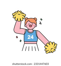 A cute cheerleader is holding a pom pom and cheering. outline simple vector illustration.