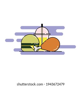 Cute cheese burger, chicken drumstick, and softdrink Illustration, wallpaper. modern simple food vector icon, flat graphic symbol in trendy flat design style.
