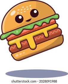 Cute cheese burger having cute eyes and smiling and flying vector illustration