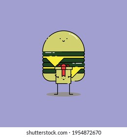 Cute cheese burger holds gift box Illustration. modern simple food vector icon, flat graphic symbol in trendy flat design style. wallpaper. lockscreen. pattern. frame. background. backdrop.