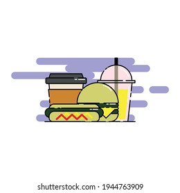 Cute cheese burger, hotdog, french fries, coffee, soft drink Illustration. modern simple food vector icon, flat graphic symbol in trendy flat design style.