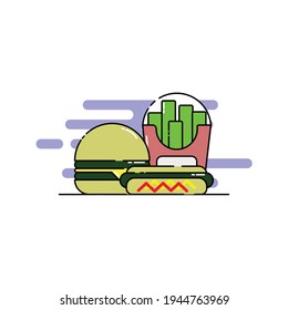 Cute cheese burger, hotdog, french fries Illustration. junk food. fast food. modern simple food vector icon, flat graphic symbol in trendy flat design style.