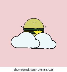 Cute cheese burger on cloud Illustration. junk food. fast food. modern simple food vector icon, flat graphic symbol in trendy flat design style. wallpaper. lockscreen. children. mascot. 