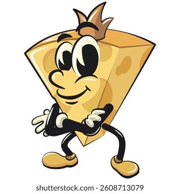 cute cheese cartoon isolated vektor illustration mascot character crowned like a king while folding his arms calmly, work of hand drawn