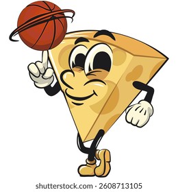 cute cheese cartoon isolated vektor illustration mascot character spin the basketball with the index finger, work of hand drawn