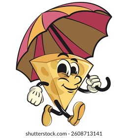 cute cheese cartoon isolated vektor illustration mascot character walking with an umbrella, work of hand drawn