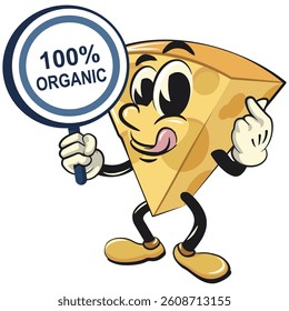 cute cheese cartoon isolated vektor illustration mascot character showing a 100% organic sign, work of hand drawn