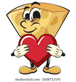 cute cheese cartoon isolated vektor illustration mascot character hold the heart with love, work of hand drawn