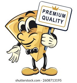 cute cheese cartoon isolated vektor illustration mascot character with a sign that says premium quality, work of hand drawn