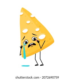 Cute cheese character with crying and tears emotion, sad face, depressive eyes, arms and legs. Melancholy dairy meal or snack. Vector flat illustration