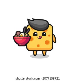 cute cheese character eating noodles , cute style design for t shirt, sticker, logo element