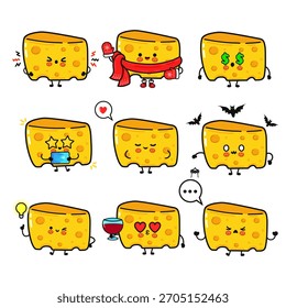Cute cheese character expressing multiple emotions and concepts