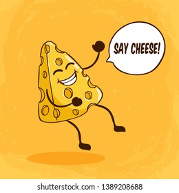 Cute cheese character with funny face or expression and say cheese lettering on orange background svg