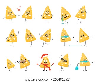 Cute cheese character with happy or sad emotions, panic, loving or brave face, hands and legs. Fun dairy meal or snack person with mask, glasses or hat. Vector flat illustration