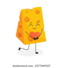 Cute cheese character holding a heart. Romantic mascot illustration. Flat cartoon style.