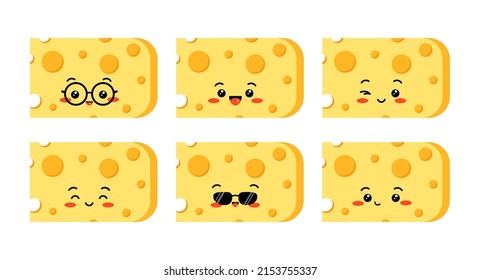 Cute cheese character with hole slices vector set isolated on white background. Flat design cartoon style kawaii pieces of yellow cheese illustration. Happy, wink, organic milk food mascot.