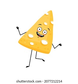 Cute cheese character with joyful emotions, happy face, smile, eyes, arms and legs. Fun dairy meal or snack. Vector flat illustration svg