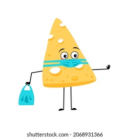 Cute cheese character with sad emotions, face and mask keep distance, hands with shopping bag and stop gesture. Dairy meal or snack. Vector flat illustration