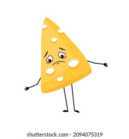Cute cheese character with sad emotions, depressed face, down eyes, arms and legs. Melancholy dairy meal or snack. Vector flat illustration