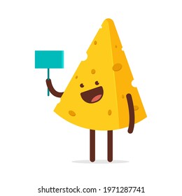 Cute cheese with empty blank board vector cartoon character isolated on a white background.