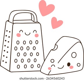 A cute cheese grater and cheese illustration with hearts, perfect for kitchen lovers