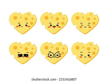 Cute cheese with hole heart shape slices vector set isolated on white background. Funny character cartoon kawaii emoji of yellow cheese illustration. Organic milk food flat design sticker.
