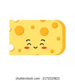 Cute cheese kids character with hole slice isolated on white background. Flat design cartoon style kawaii piece of yellow cheese illustration. Happy smiling organic milk food mascot vector emoji.