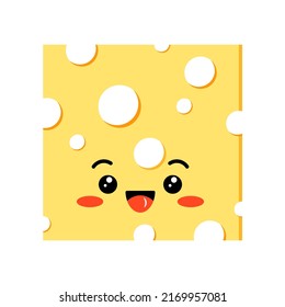 Cute cheese laugh square shape slices with hole vector icon isolated on white background. Funny kawaii character pieces yellow cheese illustration. Organic milk food mascot flat design cartoon style