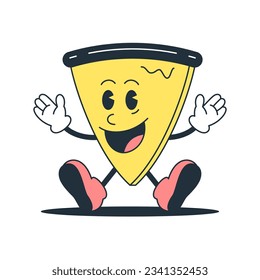 Cute queso pizza triángulo pieza divertido personaje de caricatura mascota cómica retro estilo animación de los años 30 icono vectorial ilustración plana. Emoticono de saludo de comida rápida sonriente con alegres manos en la cara y logotipo de piernas