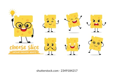 Cute cheese slice cartoon with many expressions. different cheese activity vector illustration flat design. funny cheese slice for children story book.