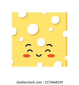 Cute cheese square shape slices with hole vector set isolated on white background. Funny kawaii character pieces of yellow cheese illustration. Organic milk food mascot flat design cartoon style.