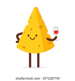 Cute cheese with wine glass vector cartoon character isolated on a white background.