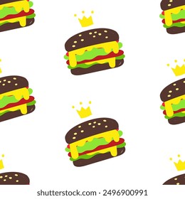 Cute cheeseburger with crown seamless pattern. Template for Notebook covers, pattern for wallpapers, textile or for cafe, fast food restaurant. hand-drawn vector childish naive art illustration