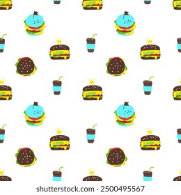 Cute cheeseburger with crown seamless pattern. Template for Notebook covers, pattern for wallpapers, textile or for cafe, fast food restaurant. hand-drawn vector childish naive art illustration