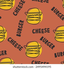 Cute cheeseburger sin patrón. Plantilla para cubiertas de cuaderno, patrón para Fondos de pantalla, textiles o para cafés, restaurante de comida rápida. ilustración de arte naive infantil de Vector dibujado a mano. comida chatarra