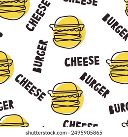 Linda hamburguesa de queso sin patrón. Plantilla para las cubiertas del cuaderno, modelo para los Fondos de pantalla, materia textil o para el café, restaurante de la comida rápida. ilustración naive infantil del arte del Vector dibujado a mano. comida chatarra