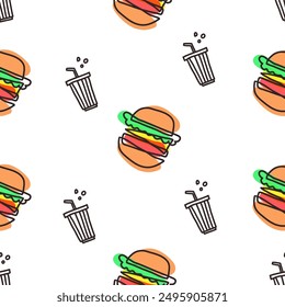 Linda hamburguesa de queso sin patrón. Plantilla para las cubiertas del cuaderno, modelo para los Fondos de pantalla, materia textil o para el café, restaurante de la comida rápida. ilustración naive infantil del arte del Vector dibujado a mano. comida chatarra