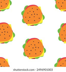 Linda hamburguesa de queso sin patrón. Plantilla para las cubiertas del cuaderno, modelo para los Fondos de pantalla, materia textil o para el café, restaurante de la comida rápida. ilustración naive infantil del arte del Vector dibujado a mano. comida chatarra