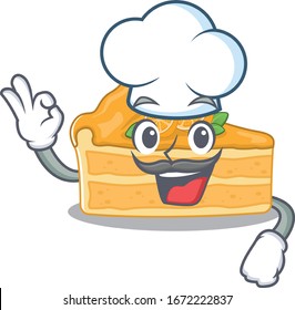 Cute cheesecake orange cartoon character wearing white chef hat