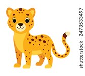 Cute cheetah baby on white background. Vector illustration of wild animal in childish cartoon flat style.Cute cheetah baby on white background. Vector illustration of wild animal