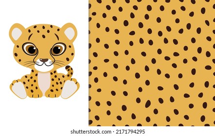 Cute cheetah baby and cheetah skin seamless pattern background. Vector illustration of wild animal in childish cartoon flat style.