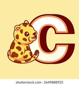 Cute Cheetah In C Alphabet Cartoon Vector Icon Illustration. Animal Education Icon Concept Isolated Premium Vector. Flat Cartoon Style