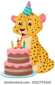 Cute Cheetah Cartoon with Birthday Cake Vector Illustration. Animal Nature Icon Concept Isolated Premium Vector