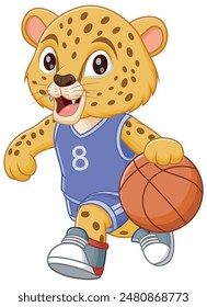 Cute Cheetah Cartoon Playing Basketball. Animal Nature Icon Concept Isolated Premium Vector. Vector Illustration