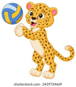 Cute Cheetah Cartoon Playing Volleyball Vector Illustration. Animal Nature Icon Concept Isolated Premium Vector