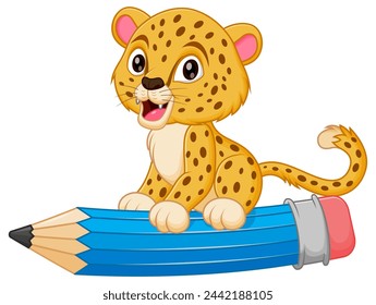 Cute Cheetah Cartoon Riding a Flying Pencil Vector Illustration. Animal Education Icon Concept