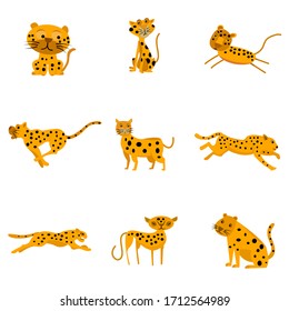 Cute cheetah cartoon set isolated on white background elements.