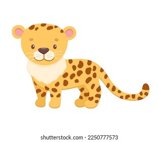 Cute cheetah in cartoon style. Drawing african baby wild cat isolated on white background. Vector sweet tiger for kids poster and card. Jungle animal