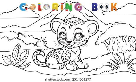 Cute cheetah cub in safari landscape, coloring book illustration