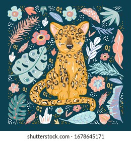 cute cheetah doodle hand drawn flat vector illustration. Cartoon abstract animal in scandinavian style. Wild rainforest animal. Grass branches with leaves, flowers and spots design element. Tropical